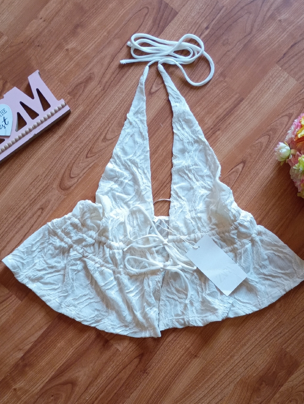 Zara Cream Halter Lace-Up Crop Top